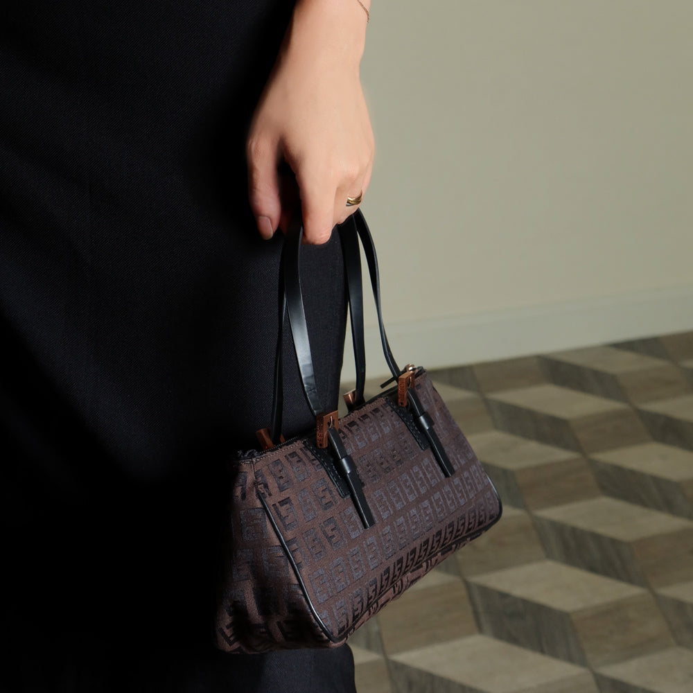Fendi Vintage Brown Black Zucchino East-West Leather Hand Bag