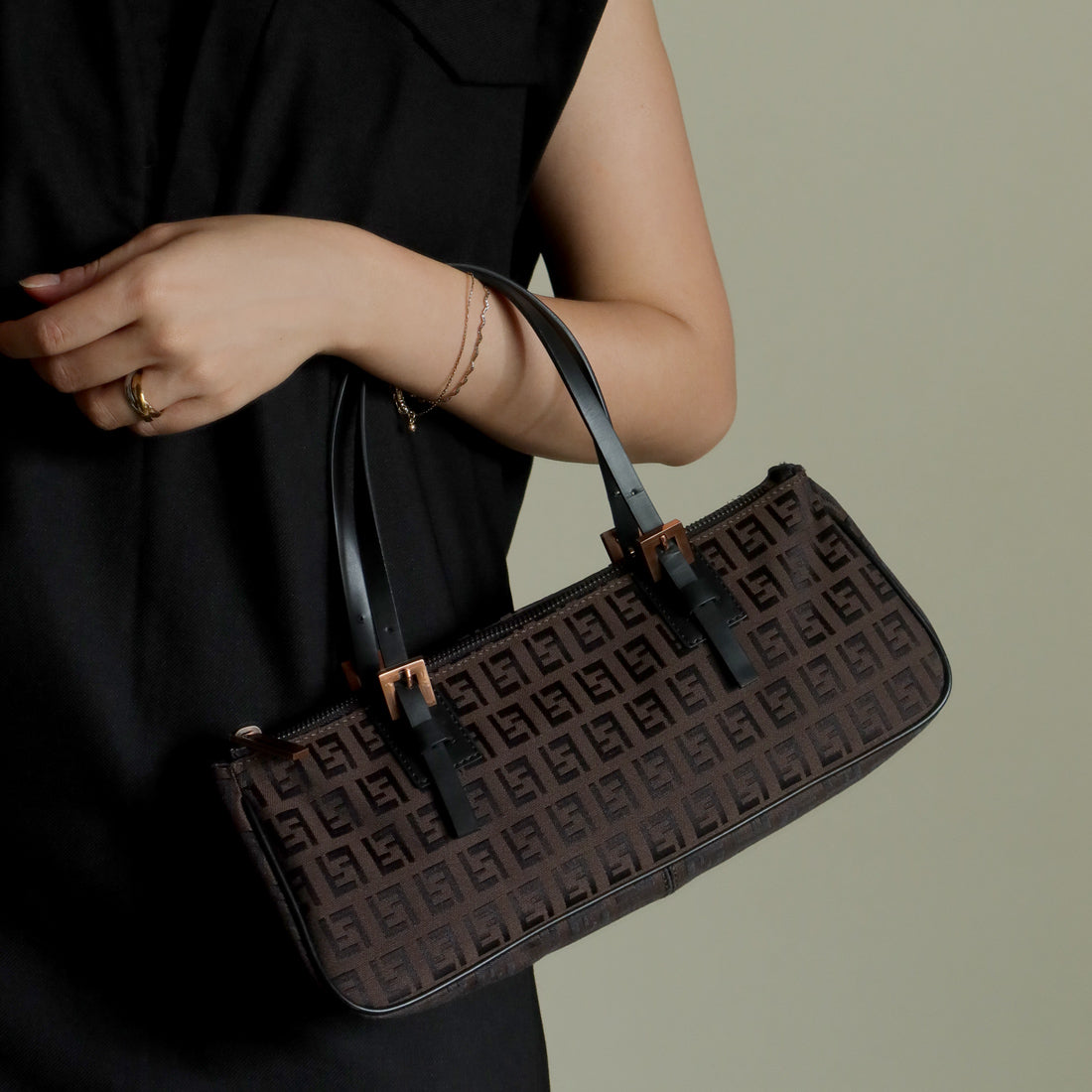 Fendi Vintage Brown Black Zucchino East-West Leather Hand Bag