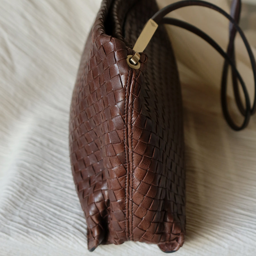 Bottega Veneta Vintage Dark Brown Intrecciato Leather Sardine Shoulder Bag