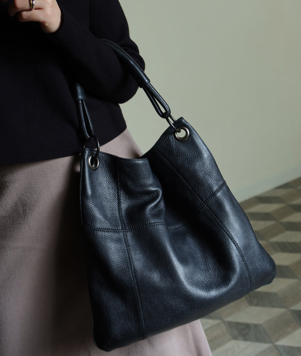 Bottega Veneta Vintage Black Grained Leather Cross Stitching Shoulder Bag