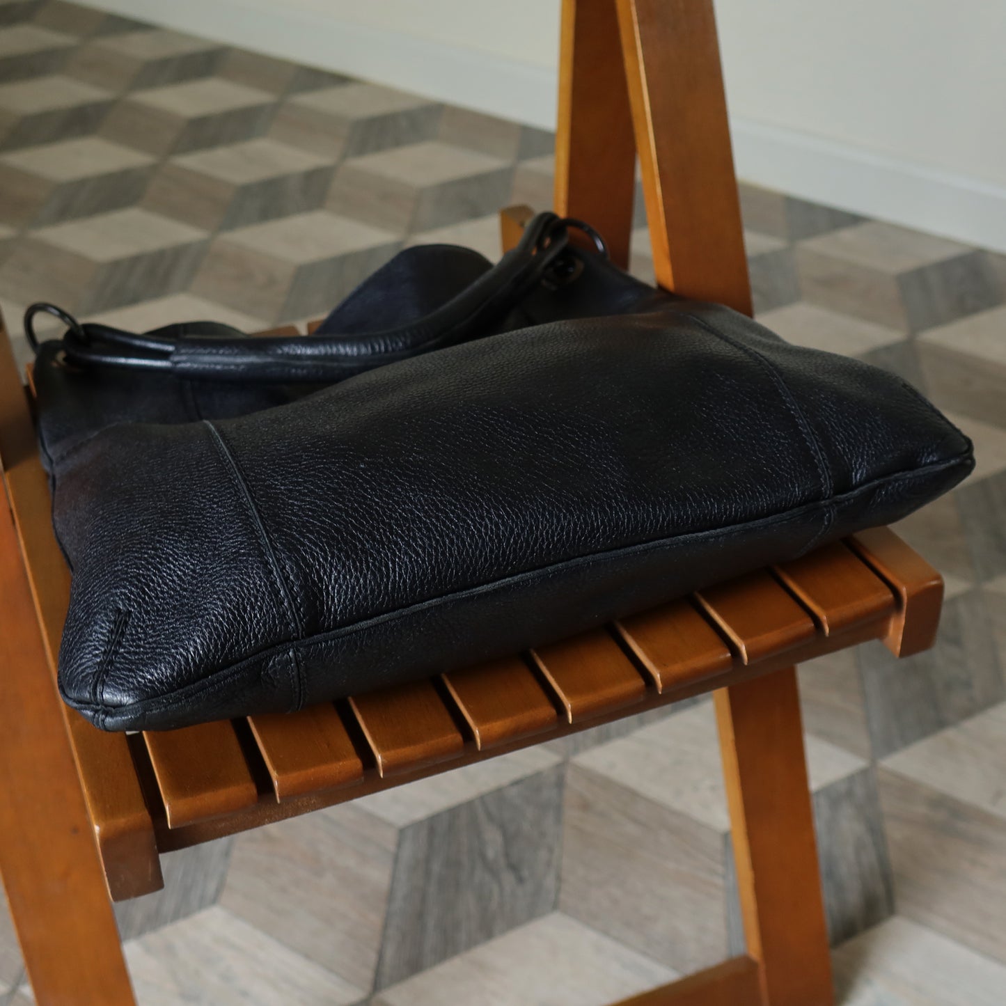 Bottega Veneta Vintage Black Grained Leather Cross Stitching Shoulder Bag