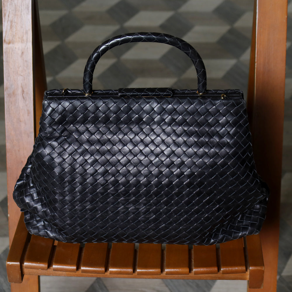 Bottega Veneta Vintage Black Intrecciato Kiss Lock 2way Bag