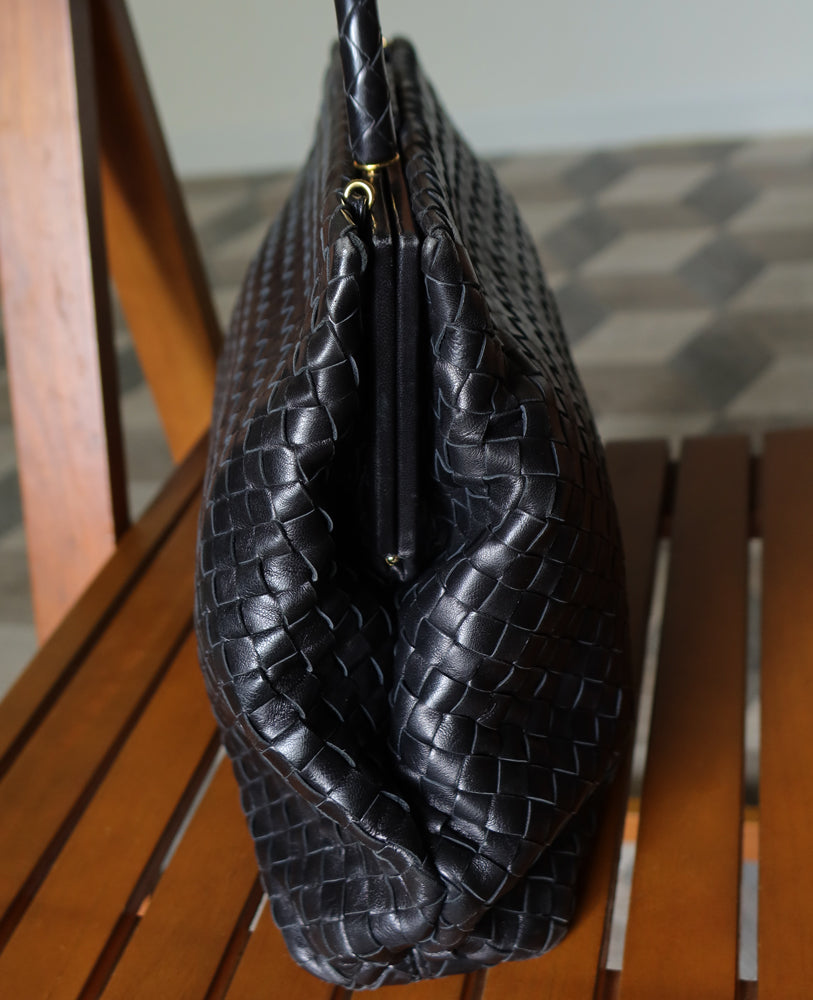 Bottega Veneta Vintage Black Intrecciato Kiss Lock 2way Bag