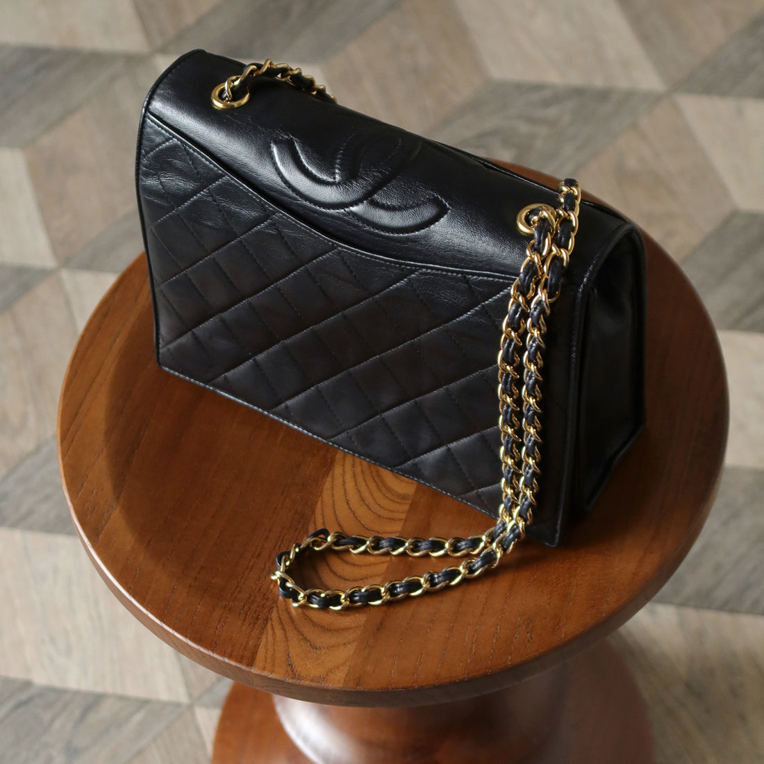 Chanel Vintage Black Lambskin Matelasse Quilted CC mark Flap Bag