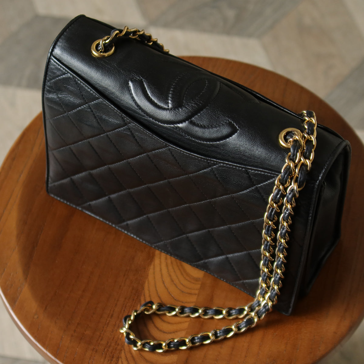 Chanel Vintage Black Lambskin Matelasse Quilted CC mark Flap Bag