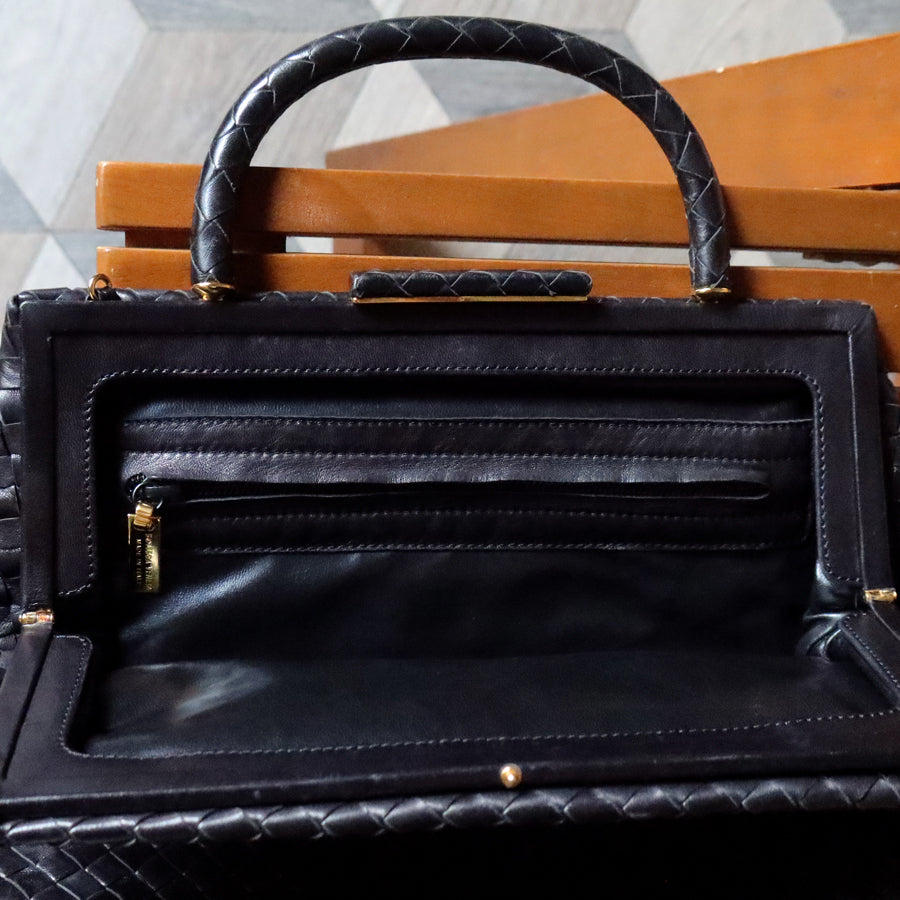 Bottega Veneta Vintage Black Intrecciato Kiss Lock 2way Bag