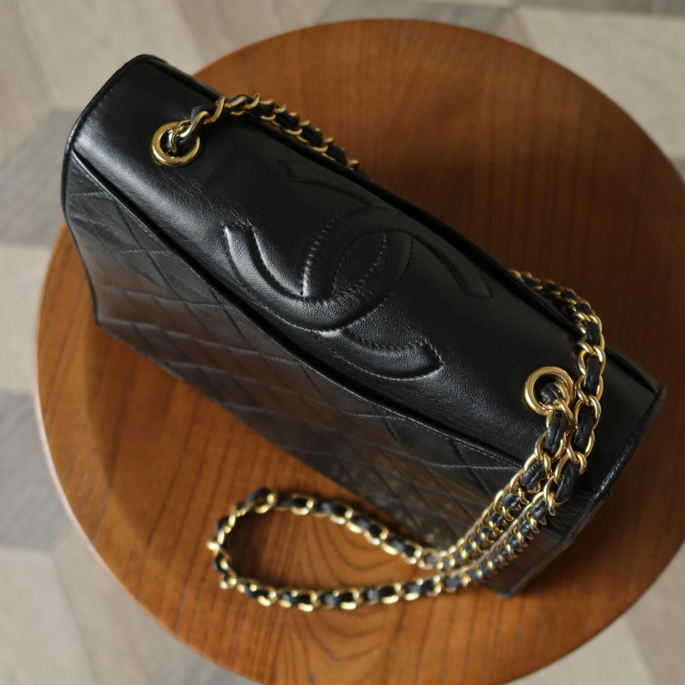 Chanel Vintage Black Lambskin Matelasse Quilted CC mark Flap Bag
