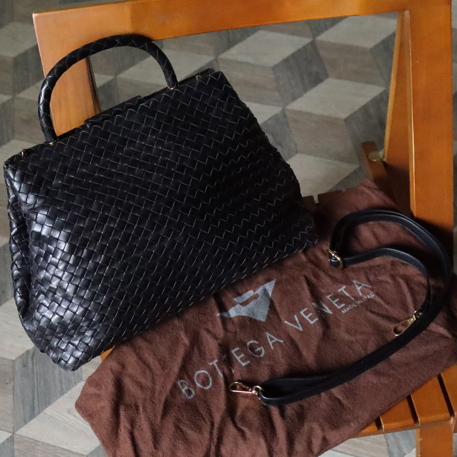 Bottega Veneta Vintage Black Intrecciato Kiss Lock 2way Bag