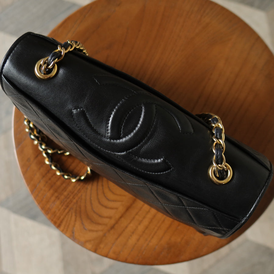 Chanel Vintage Black Lambskin Matelasse Quilted CC mark Flap Bag