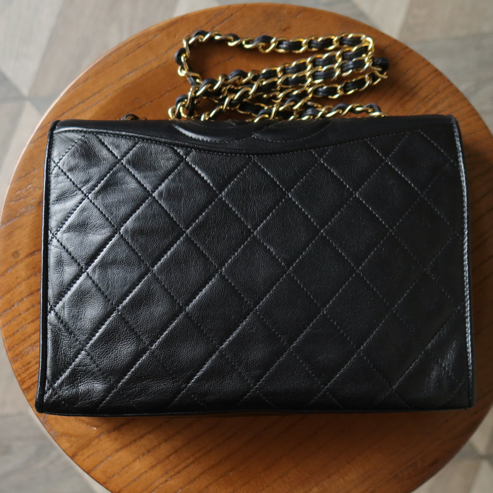 Chanel Vintage Black Lambskin Matelasse Quilted CC mark Flap Bag