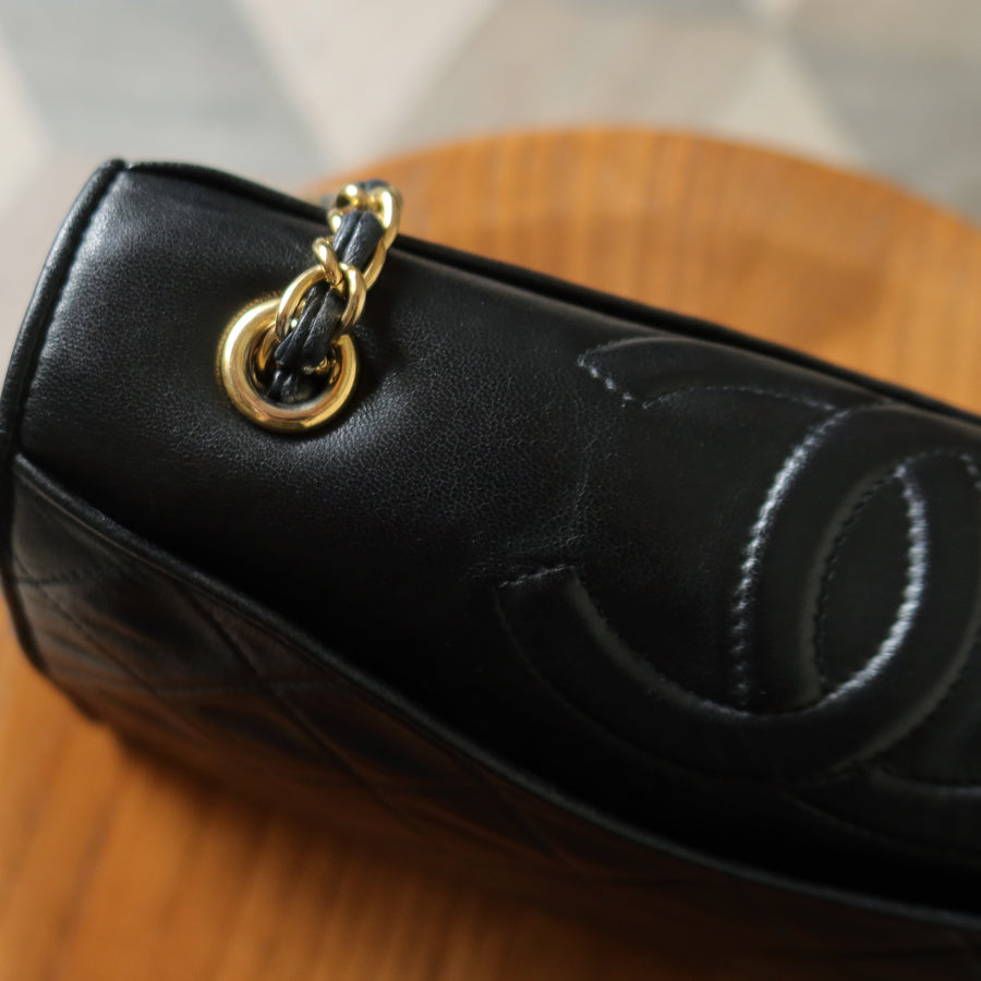 Chanel Vintage Black Lambskin Matelasse Quilted CC mark Flap Bag