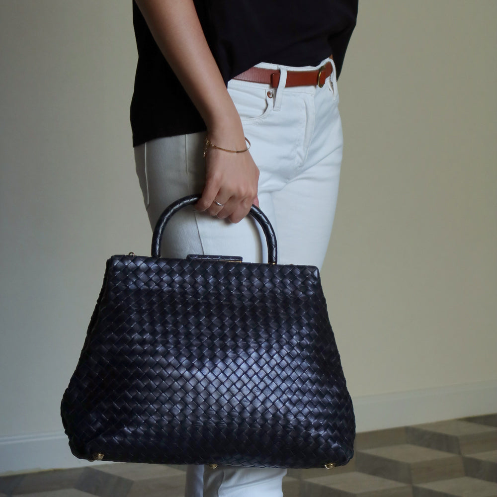 Bottega Veneta Vintage Black Intrecciato Kiss Lock 2way Bag