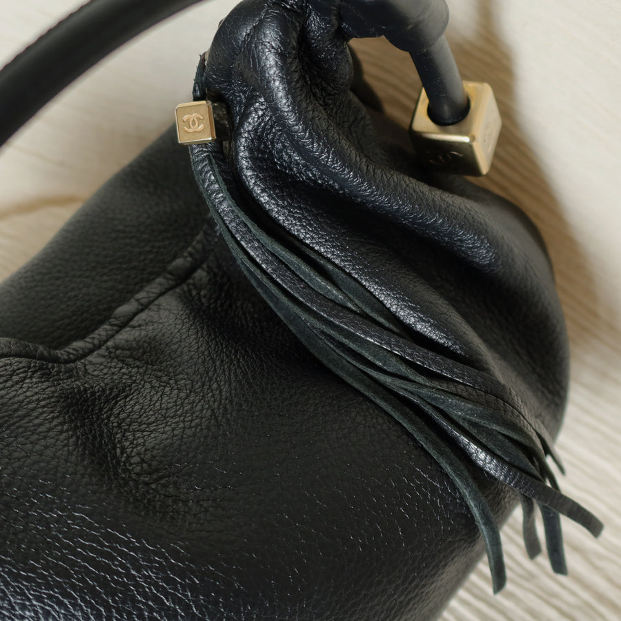 Chanel Vintage Black Calfskin CC Dice Fringe Charm 2way Hobo Bag S