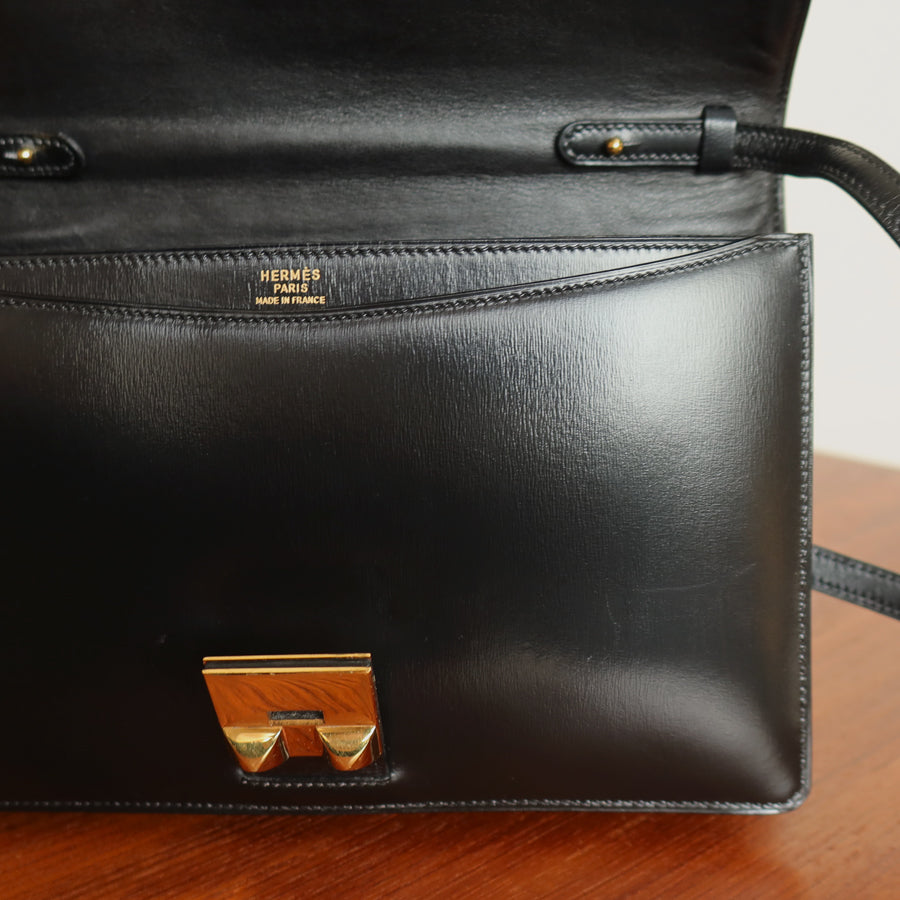 Vintage Hermès 1982 Black Médor Clutch Shoulder 2way Flap Bag