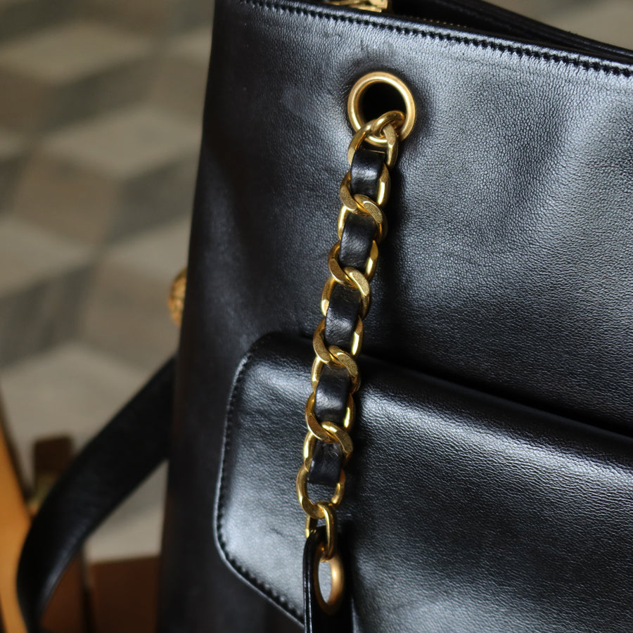 Chanel Vintage Black Lambskin CC Turn lock Pocket CC charm Large Shoulder Bag