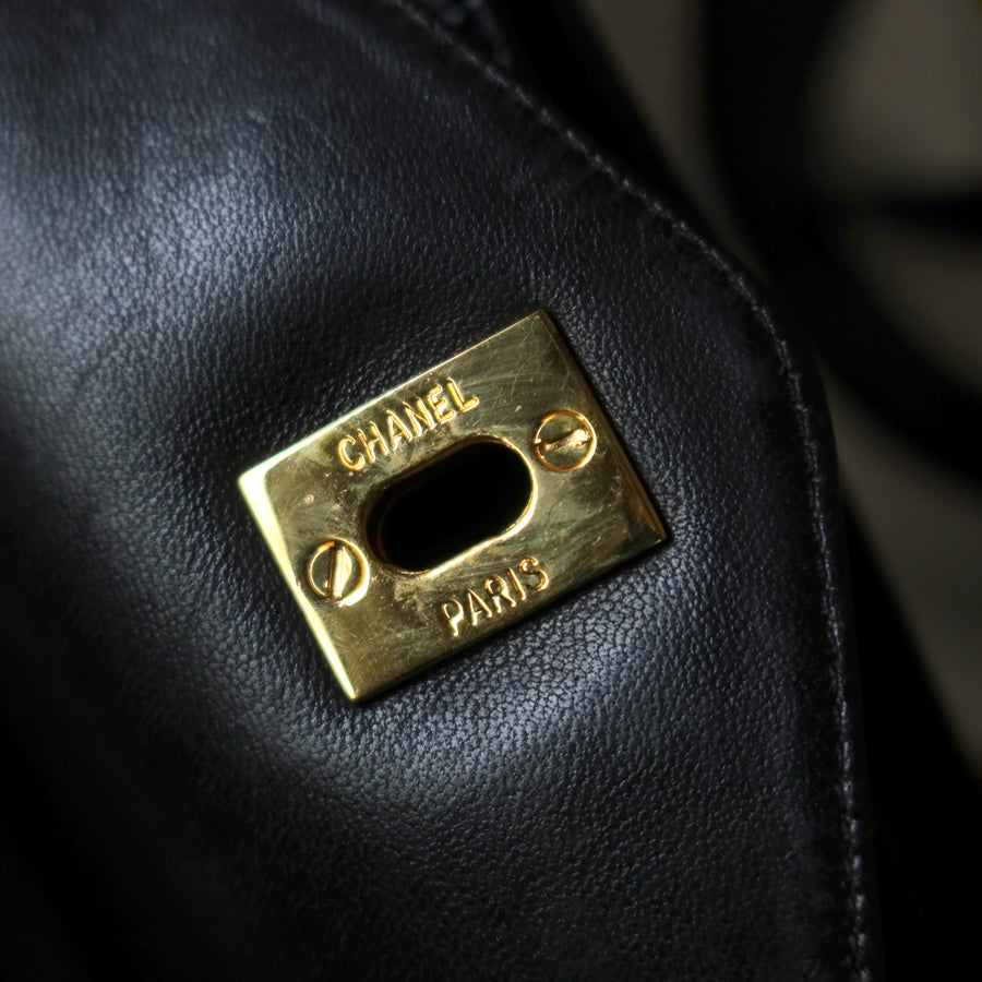 Chanel Vintage Black Lambskin CC Turn lock Pocket CC charm Large Shoulder Bag