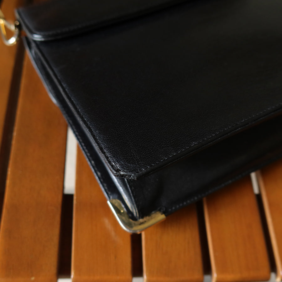 Christian Dior Vintage Black Calfskin Turn Lock 2way Clutch Shoulder Bag