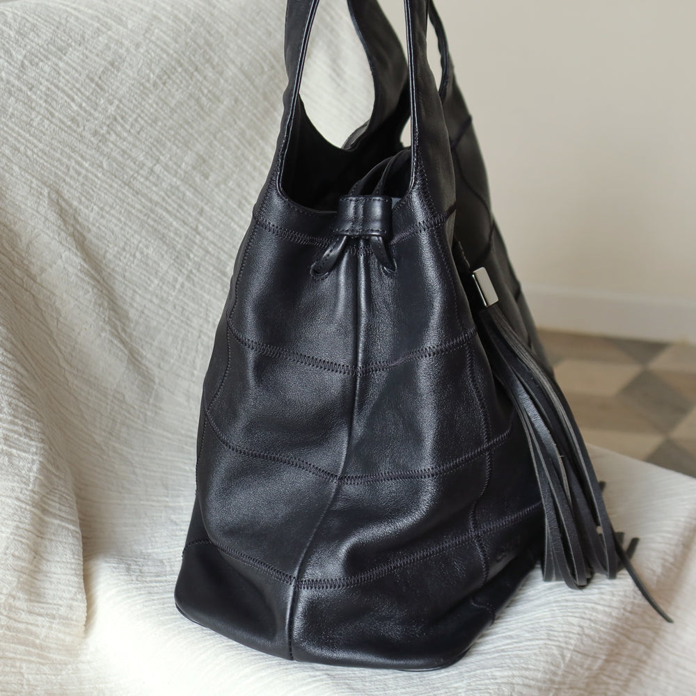 Chanel Vintage Black Square Stitching CC Tassel Hobo Tote Bag S