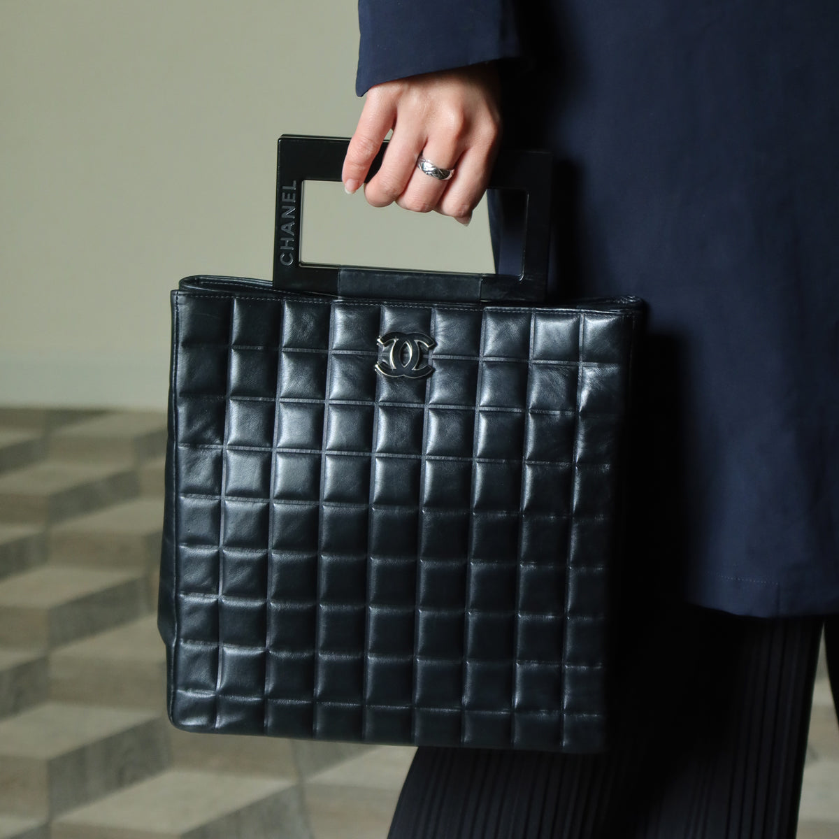 Rare Chanel Vintage Black Lambskin Quilted Chocolate Bar CC Mark Top Handle Bag