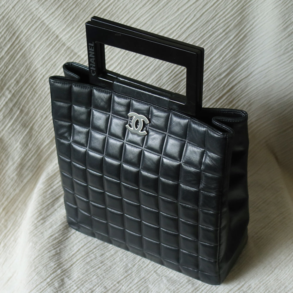 Rare Chanel Vintage Black Lambskin Quilted Chocolate Bar CC Mark Top Handle Bag