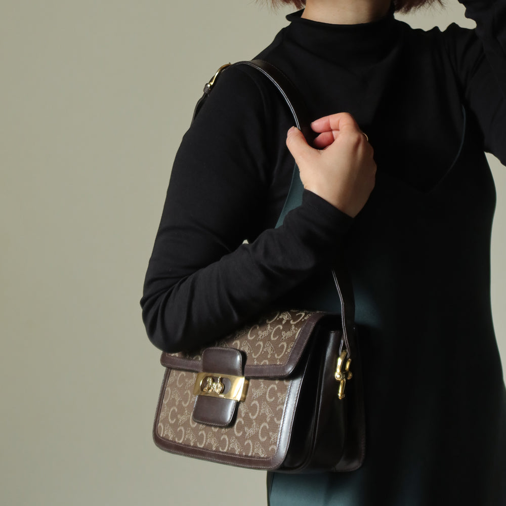 Celine Vintage Dark Brown Triomphe Horse Carriage C Sulky Shoulder Bag