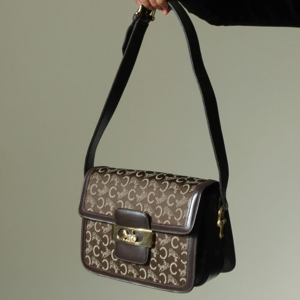 Celine Vintage Dark Brown Triomphe Horse Carriage C Sulky Shoulder Bag