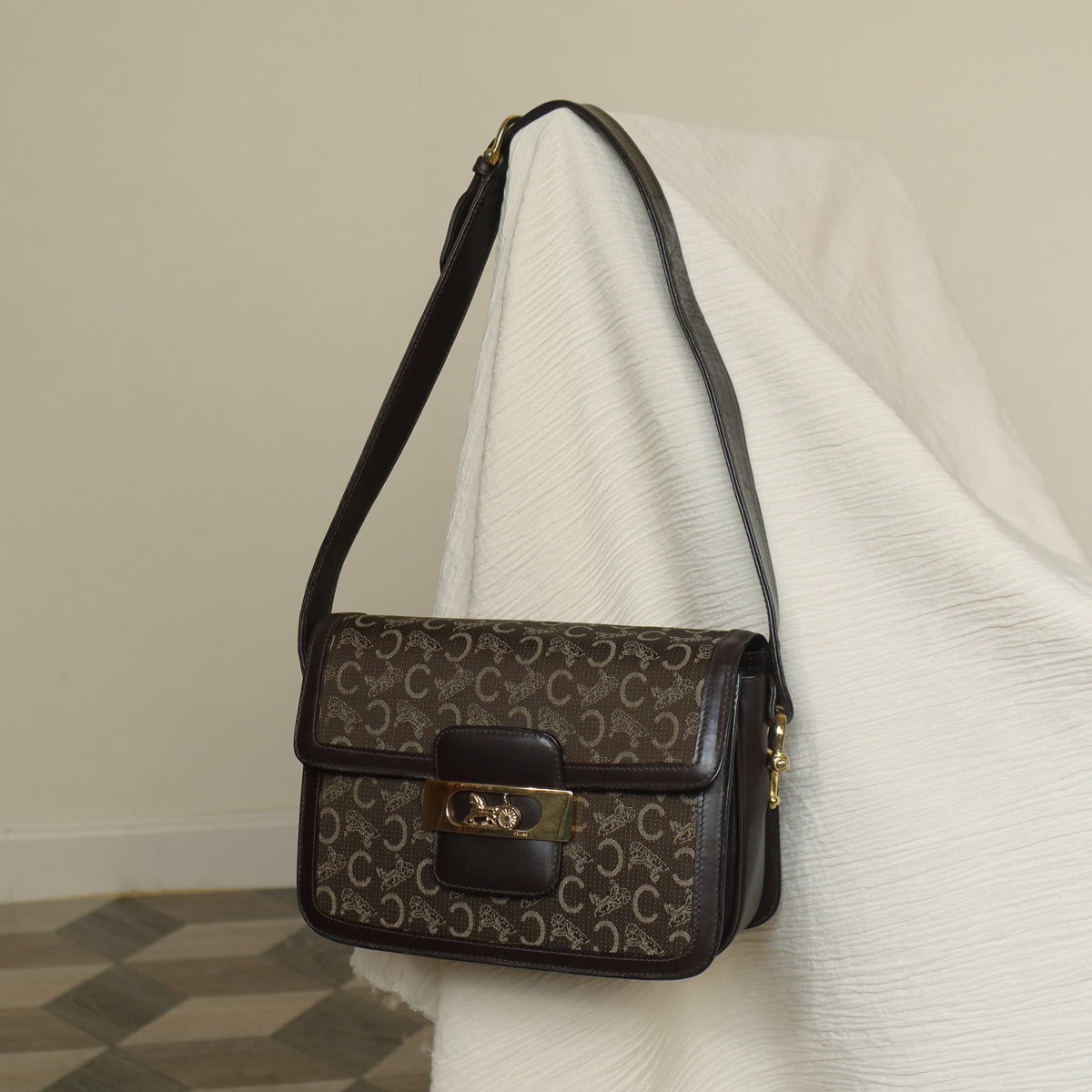 Celine Vintage Dark Brown Triomphe Horse Carriage C Sulky Shoulder Bag