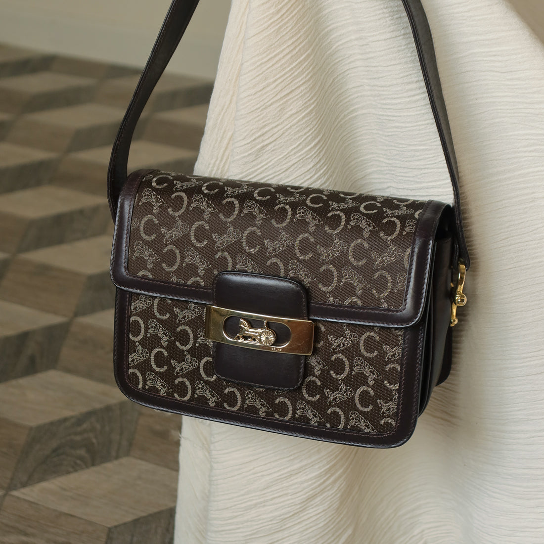 Celine Vintage Dark Brown Triomphe Horse Carriage C Sulky Shoulder Bag