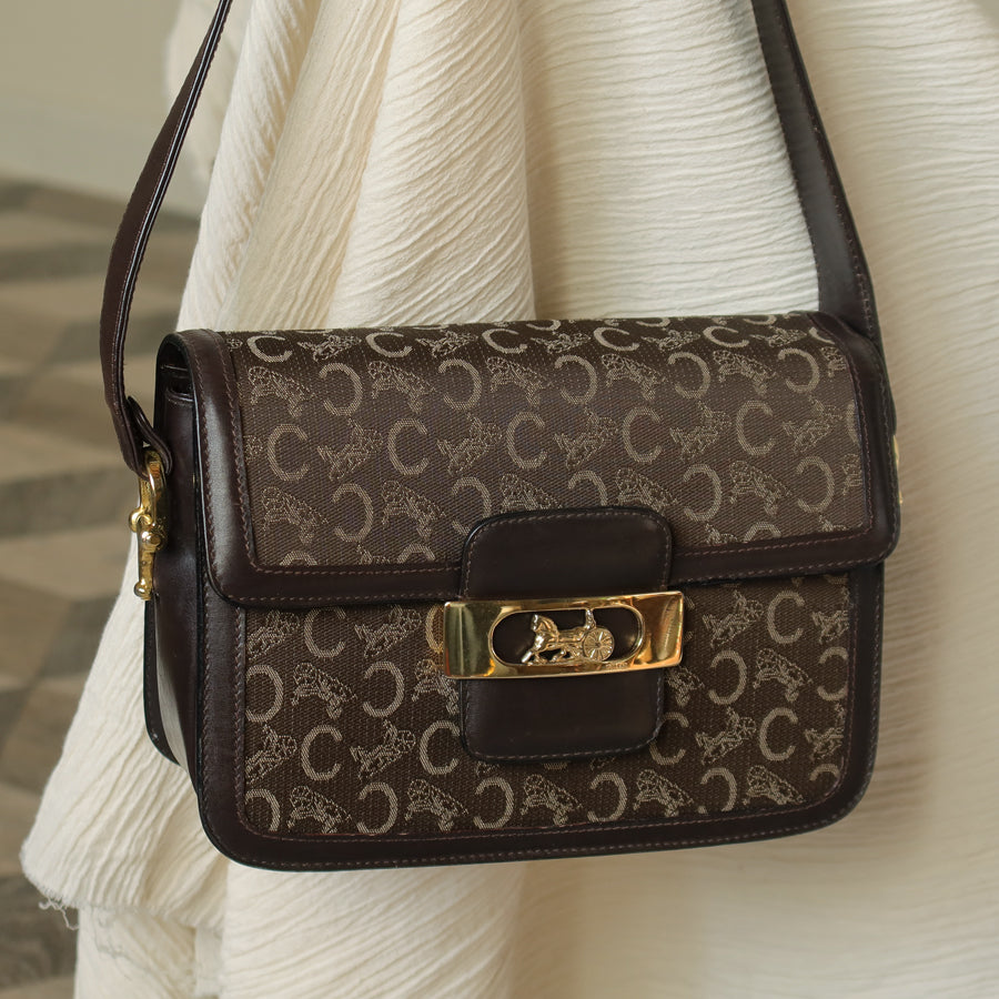 Celine Vintage Dark Brown Triomphe Horse Carriage C Sulky Shoulder Bag