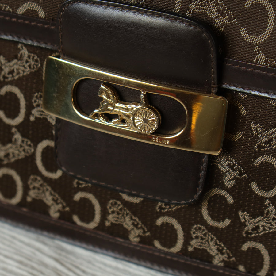 Celine Vintage Dark Brown Triomphe Horse Carriage C Sulky Shoulder Bag