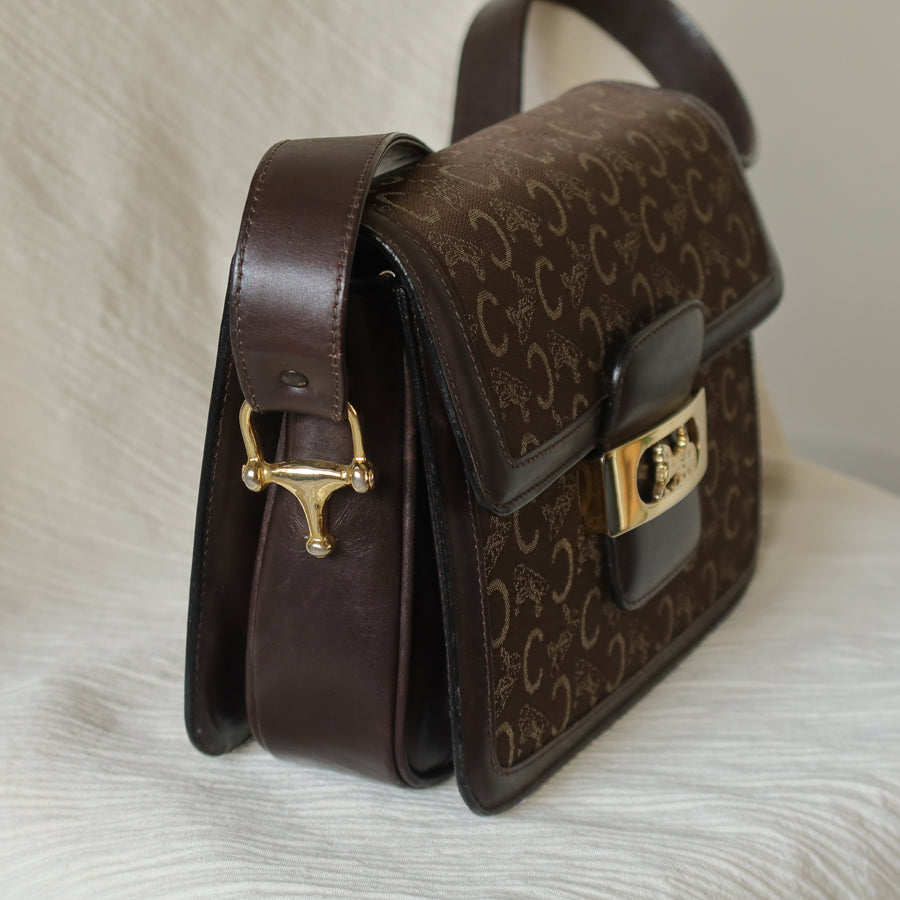 Celine Vintage Dark Brown Triomphe Horse Carriage C Sulky Shoulder Bag