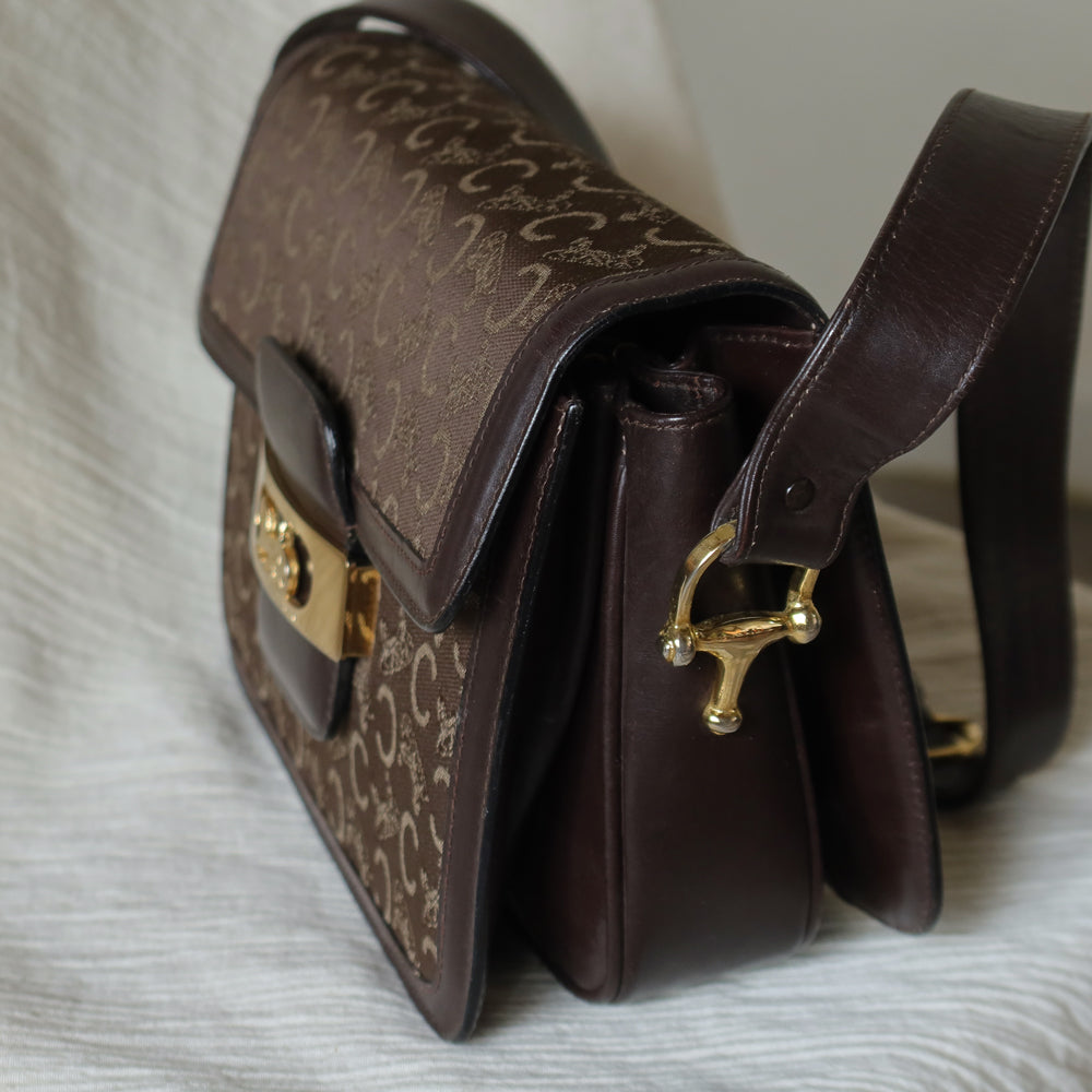Celine Vintage Dark Brown Triomphe Horse Carriage C Sulky Shoulder Bag