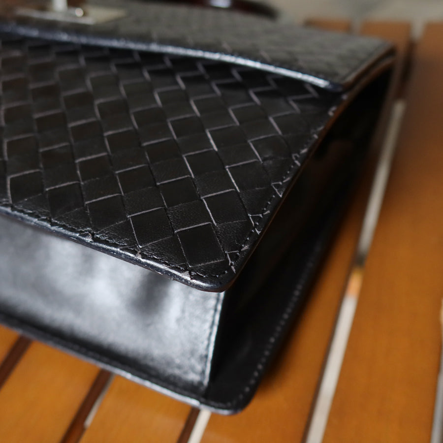 Rare Bottega Veneta Vintage Black Intrecciato Resin Top handle 2way Flap Bag