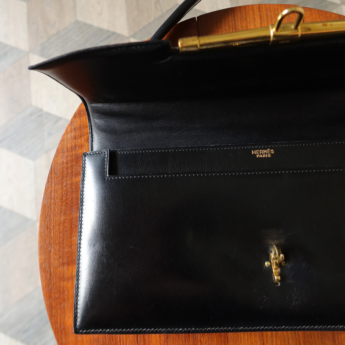 Vintage Hermès Palonnier 1950s Black Box Calf Leather Flap Bag