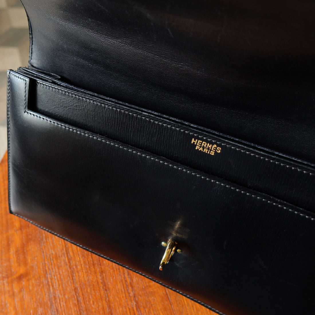 Vintage Hermès Palonnier 1950s Black Box Calf Leather Flap Bag