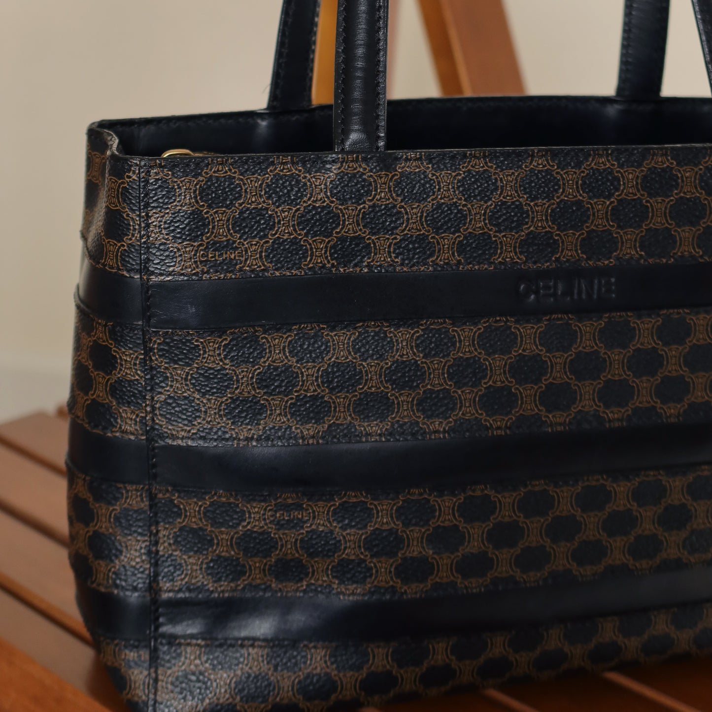 Celine Vintage Black Stripe Macadam Triomphe City Tote Bag