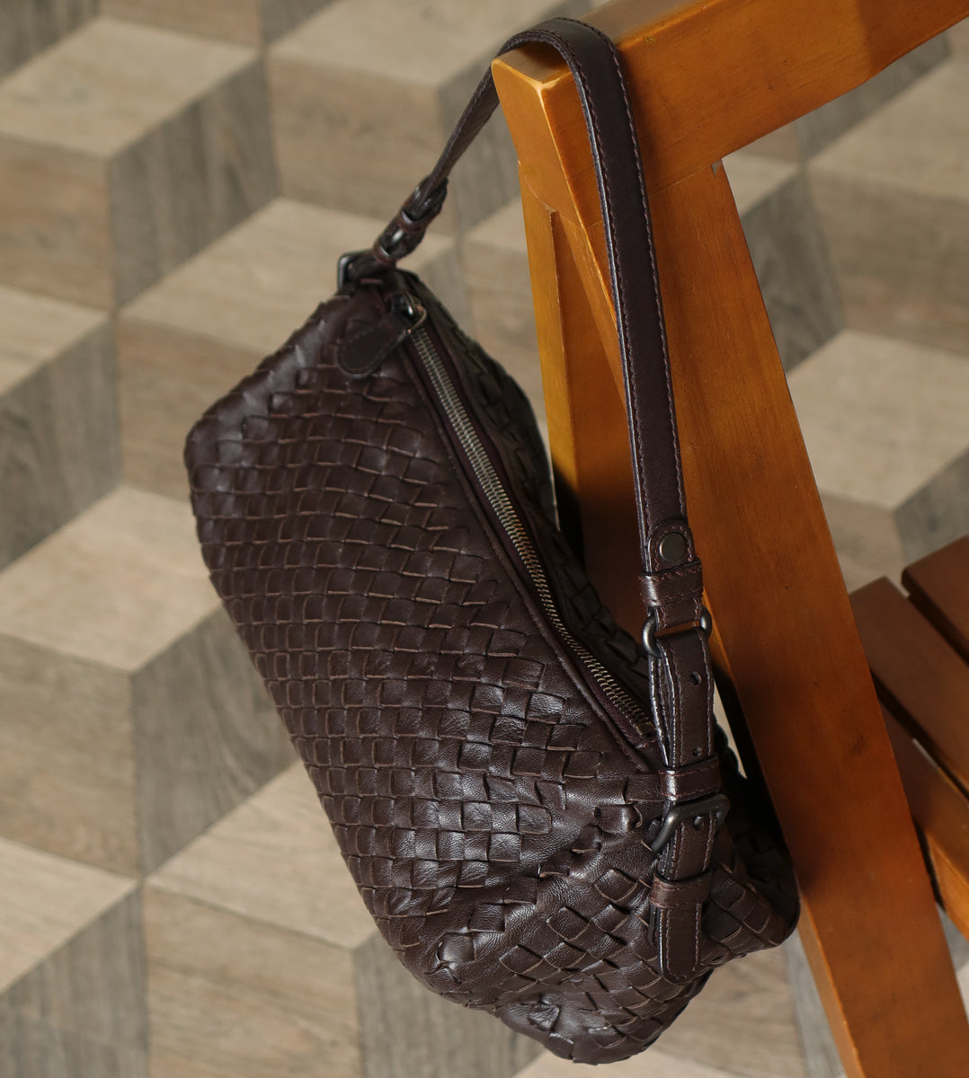 Bottega Veneta Vintage Brown Intrecciato Leather Rhombus Shoulder Bag