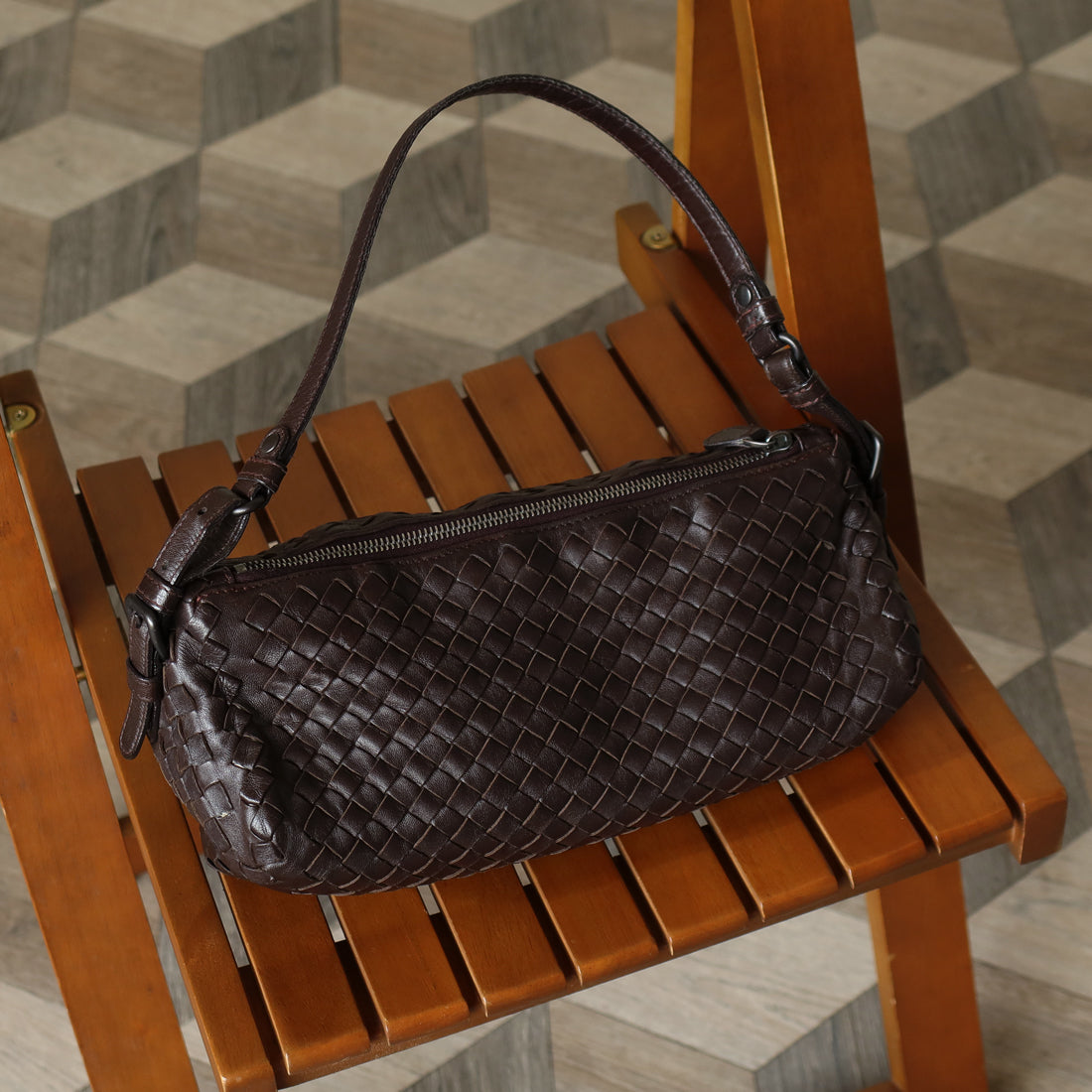 Bottega Veneta Vintage Brown Intrecciato Leather Rhombus Shoulder Bag