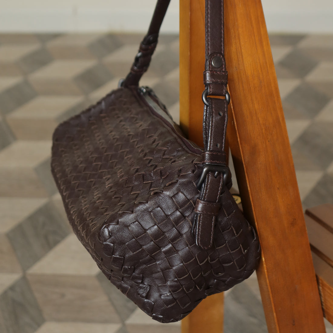 Bottega Veneta Vintage Brown Intrecciato Leather Rhombus Shoulder Bag