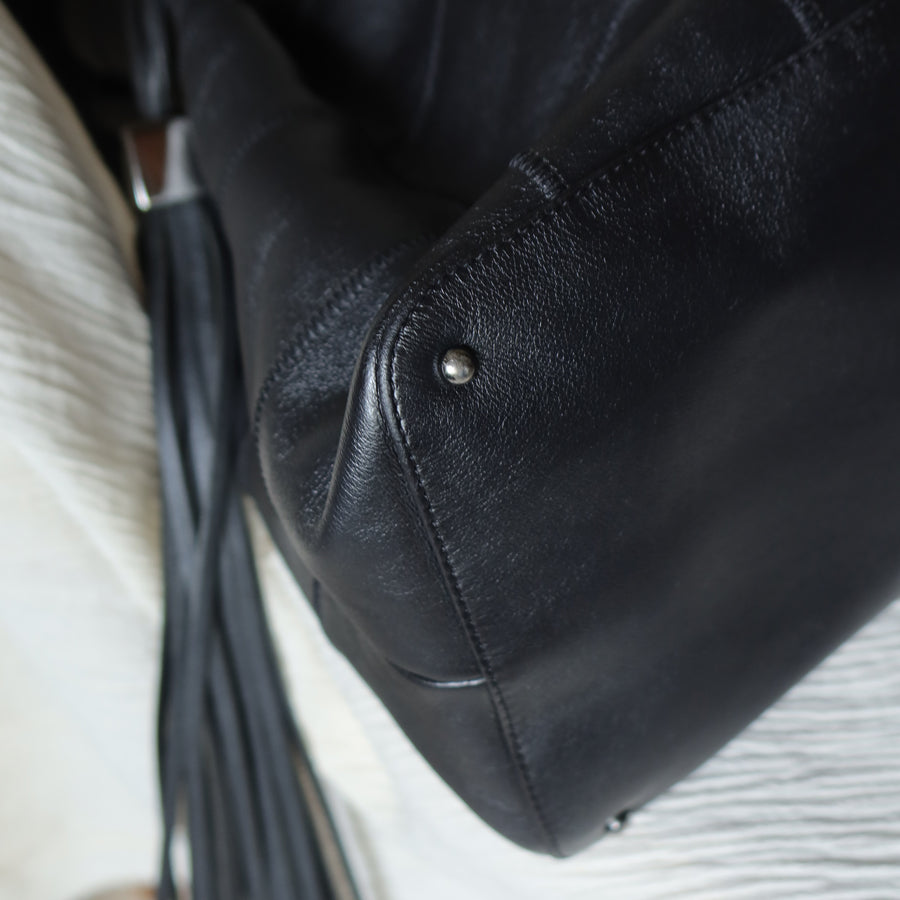 Chanel Vintage Black Square Stitching CC Tassel Hobo Tote Bag