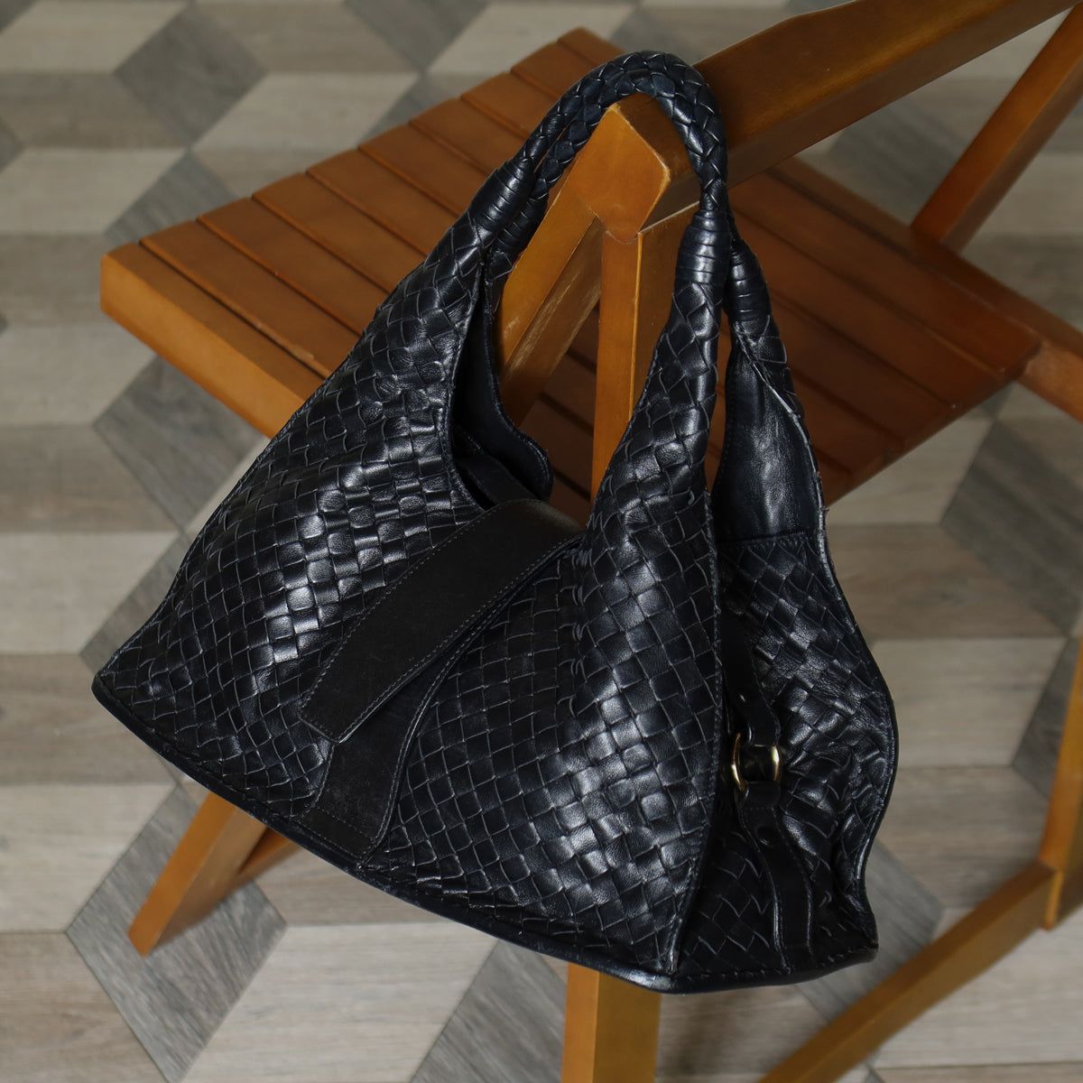 Bottega Veneta Vintage Black Intrecciato Leather Belt Hobo Shoulder Bag