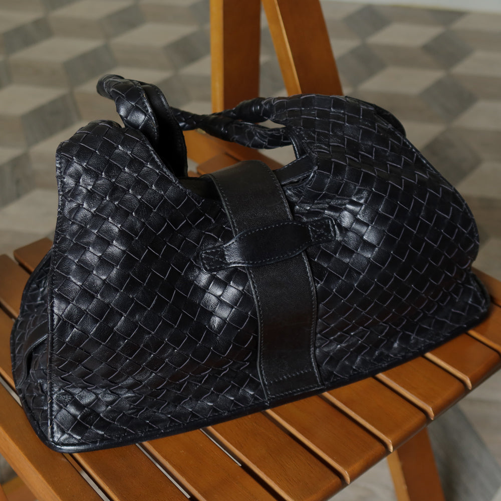 Bottega Veneta Vintage Black Intrecciato Leather Belt Hobo Shoulder Bag