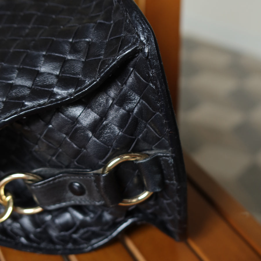 Bottega Veneta Vintage Black Intrecciato Leather Belt Hobo Shoulder Bag