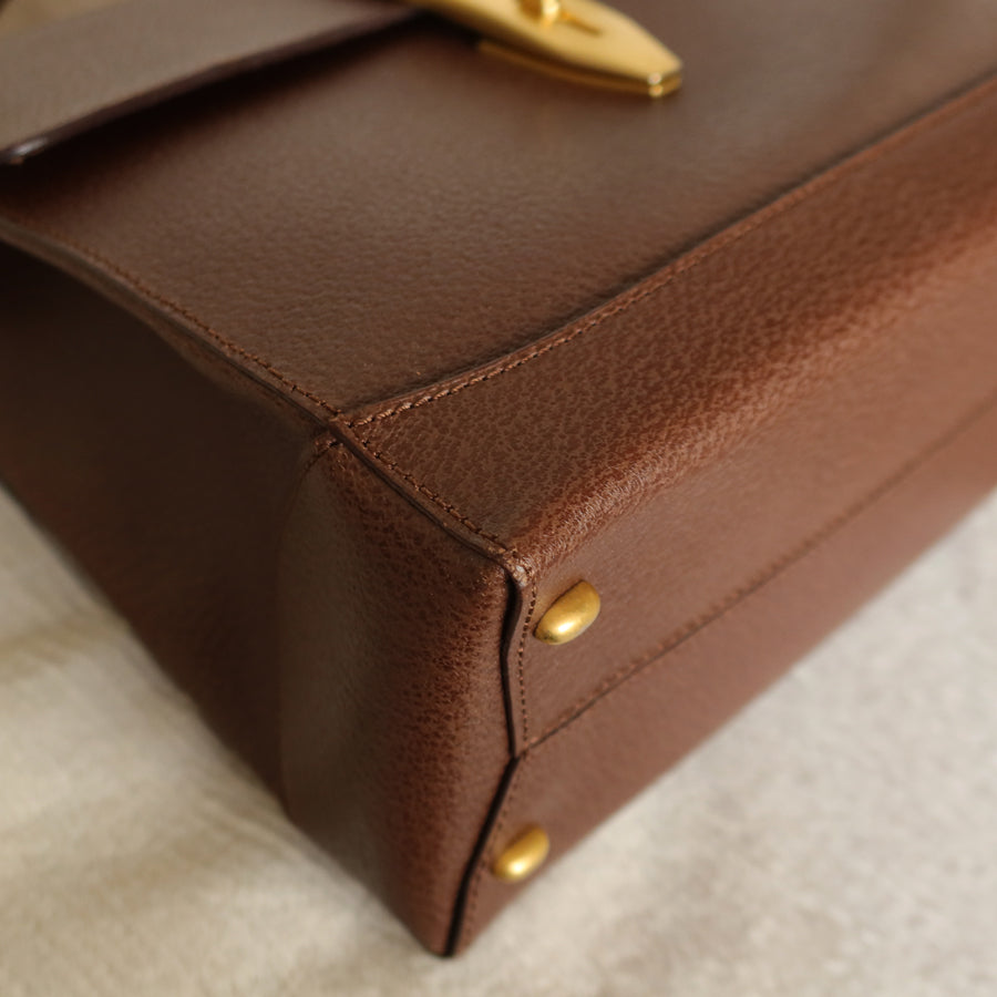 Rare Celine Vintage Dark Brown Gold Turn lock Top Handle Shoulder Flap Bag