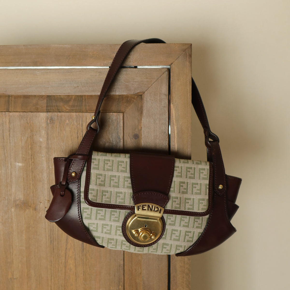 Fendi Vintage Brown Zucchino Canvas Leather Shoulder Bag