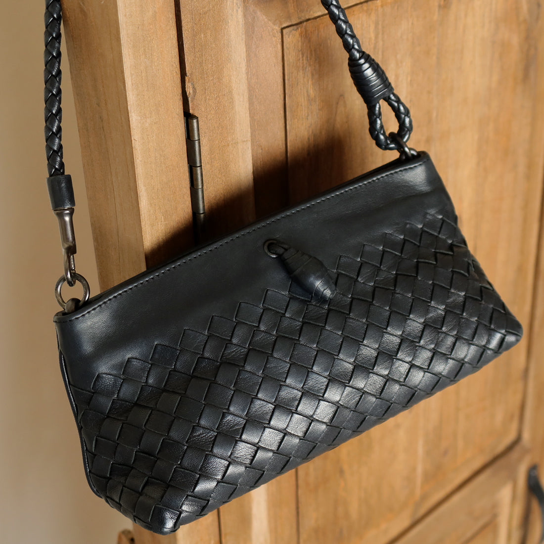Bottega Veneta Vintage Black Intrecciato Weave Mini Pochette Clutch Shoulder Bag