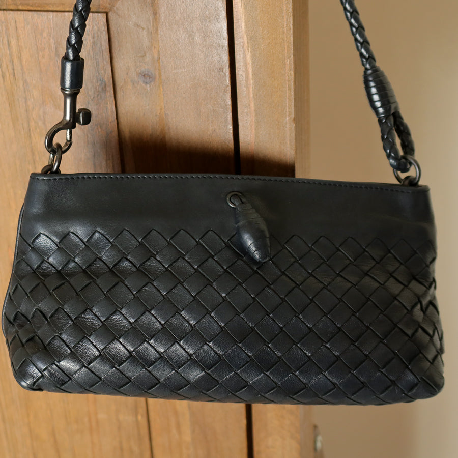 Bottega Veneta Vintage Black Intrecciato Weave Mini Pochette Clutch Shoulder Bag