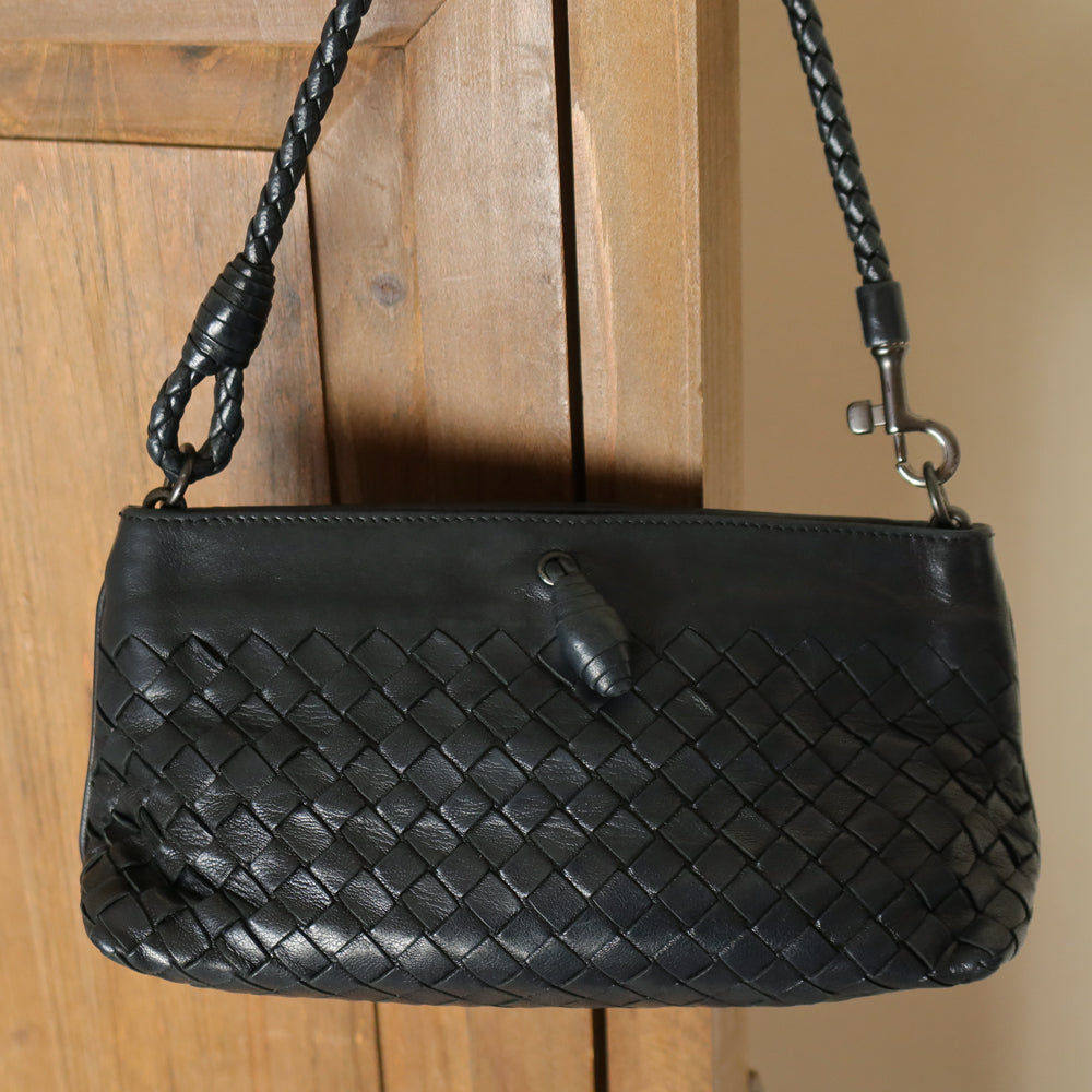 Bottega Veneta Vintage Black Intrecciato Weave Mini Pochette Clutch Shoulder Bag