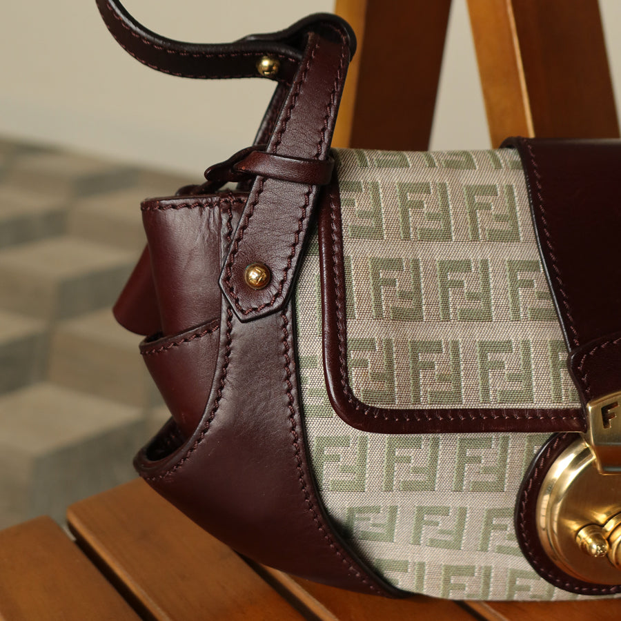 Fendi Vintage Brown Zucchino Canvas Leather Shoulder Bag