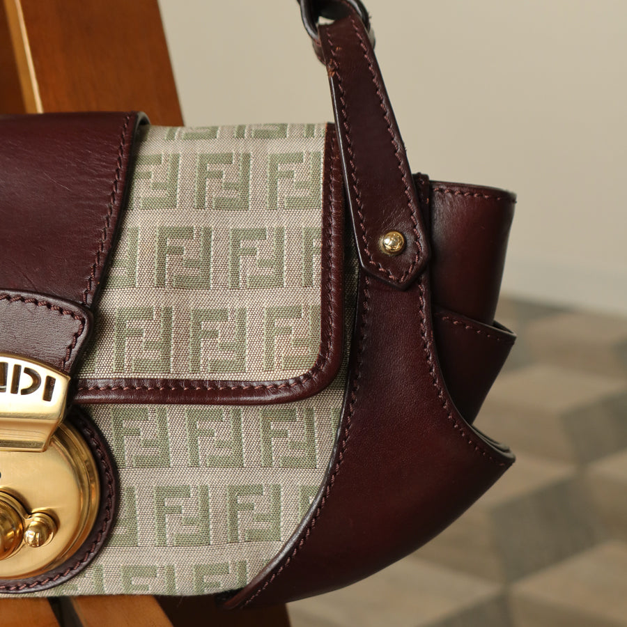Fendi Vintage Brown Zucchino Canvas Leather Shoulder Bag